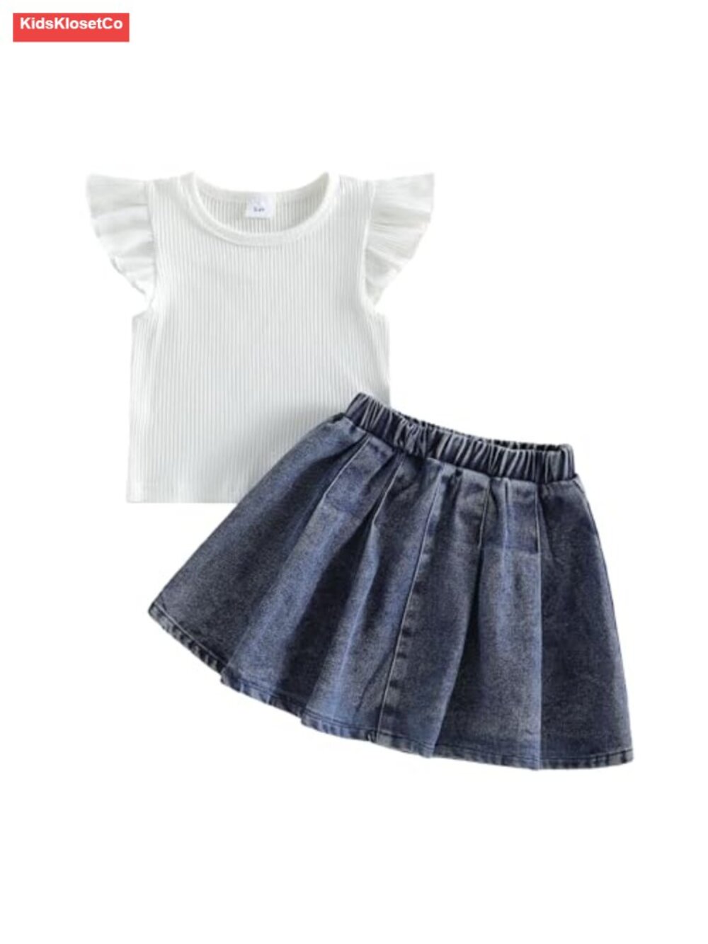 Baby Girls Knitted Ruffle Top and Pleated Denim Skirt Set
